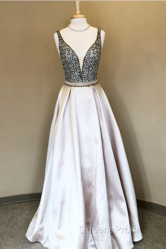 Sparkle Sequin Beaded V-Neck Long Satin Evening Prom Dress