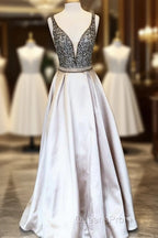 Sparkle Sequin Beaded V-Neck Long Satin Evening Prom Dress