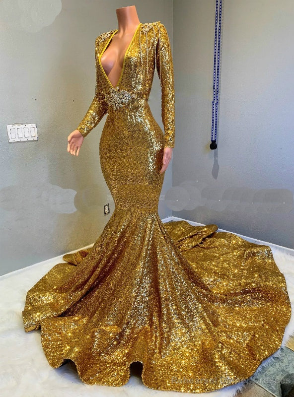 Sparkle Sequined Long Sleeves Mermaid Gold Prom Dresses with Long Train Main image