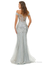 Sparkle Silver Mermaid Beaded Cap Sleeves Off-The-Shoulder Prom Dresses