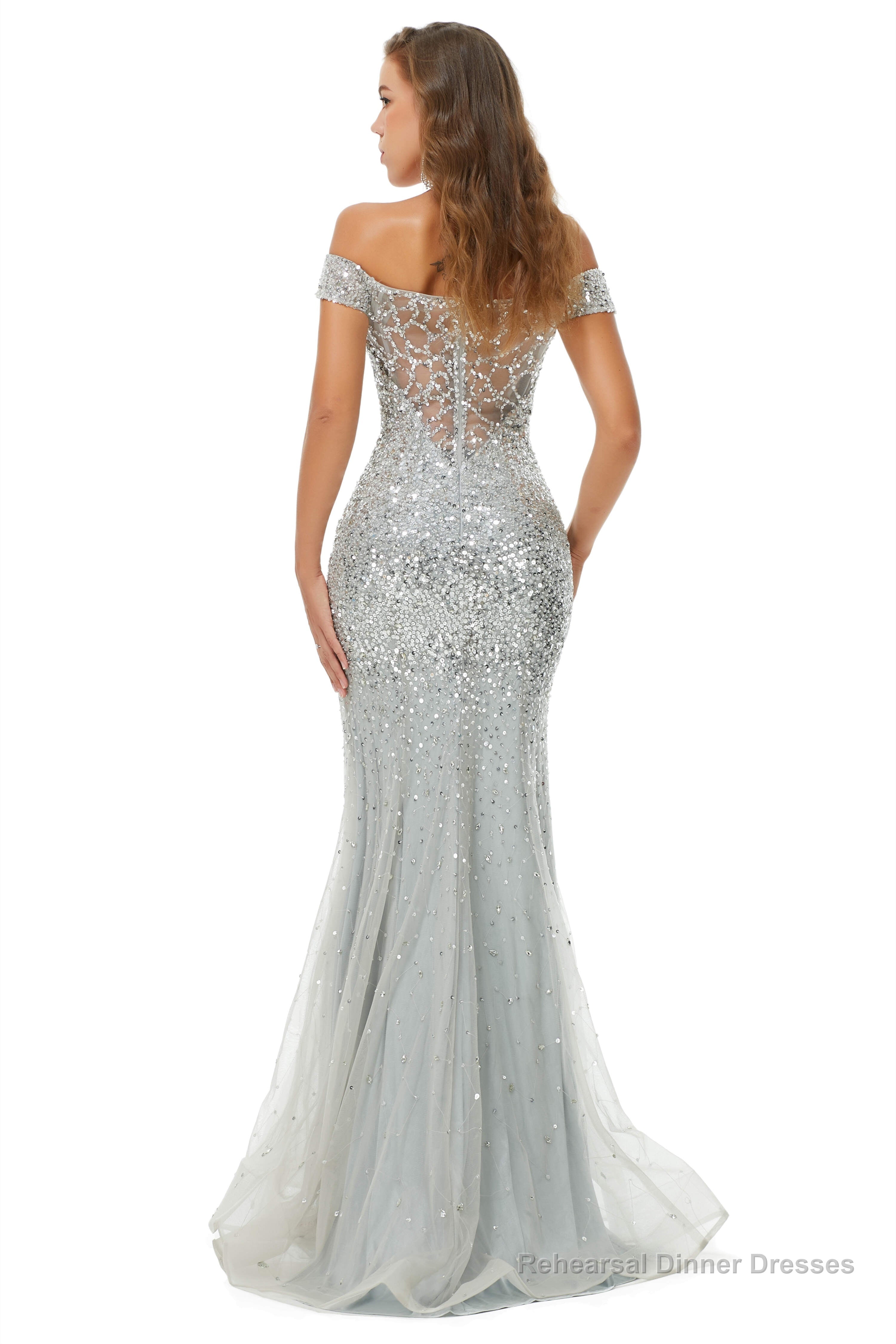 Sparkle Silver Mermaid Beaded Cap Sleeves Off-The-Shoulder Prom Dresses