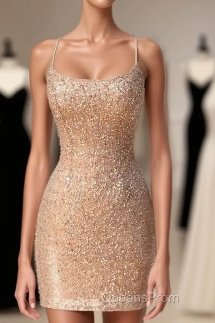 Sparkle Straps Tight Peach Sequins Short Homecoming Dress Main image