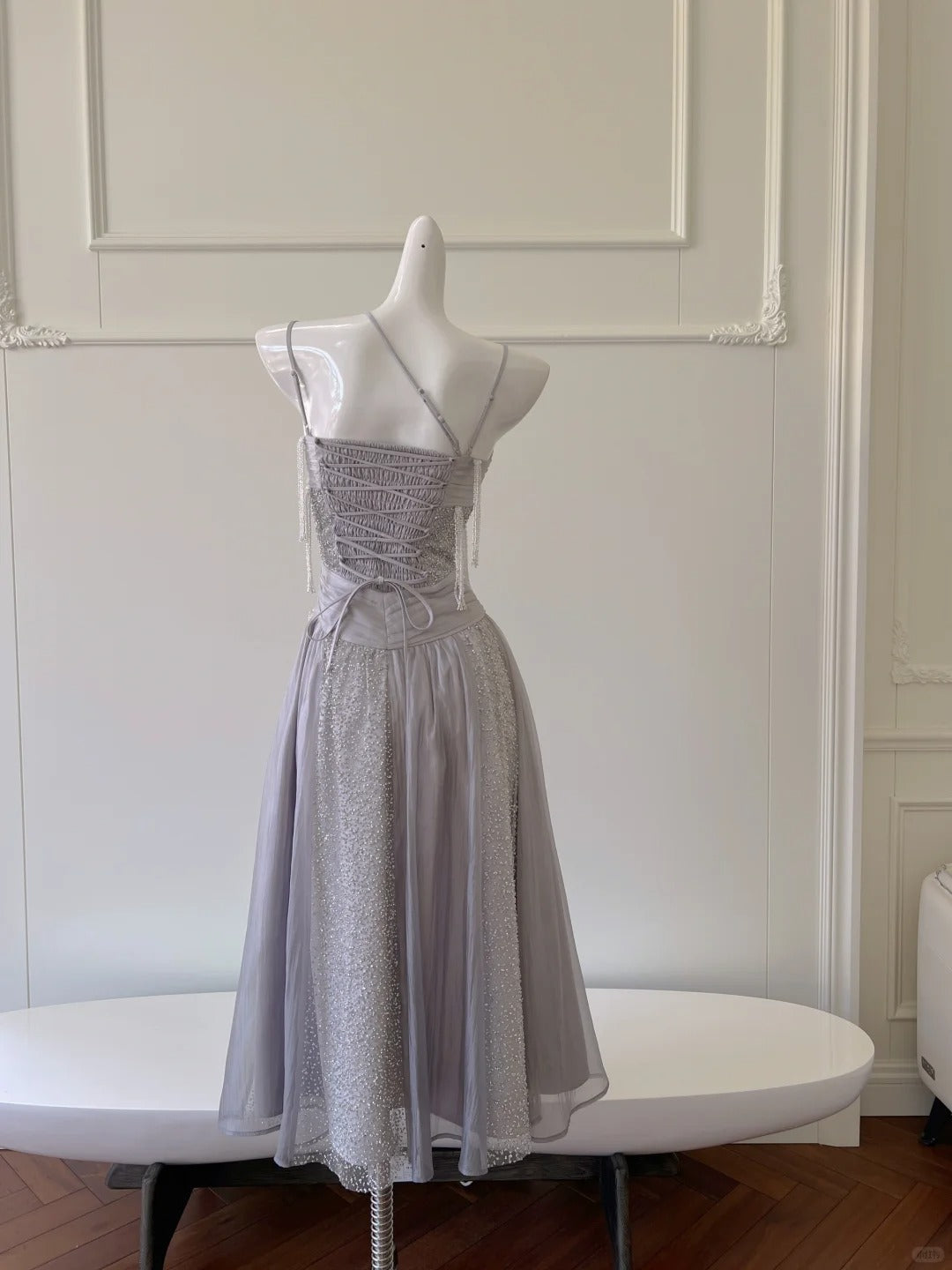 Sparkling A-Line Strap Sequined Tassel Tulle Long Classy Prom Dress
