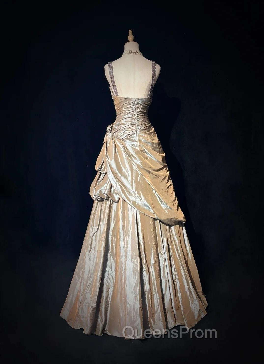 Sparkling A-Line V-Neck Satin Backless Long Evening Prom Dress Evening Dress Graduation Evening Prom Dress
