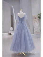 Sparkling Blue Short Sleeves Tulle Long Sweetheart Party Dress A-Line Blue Evening Prom Dress