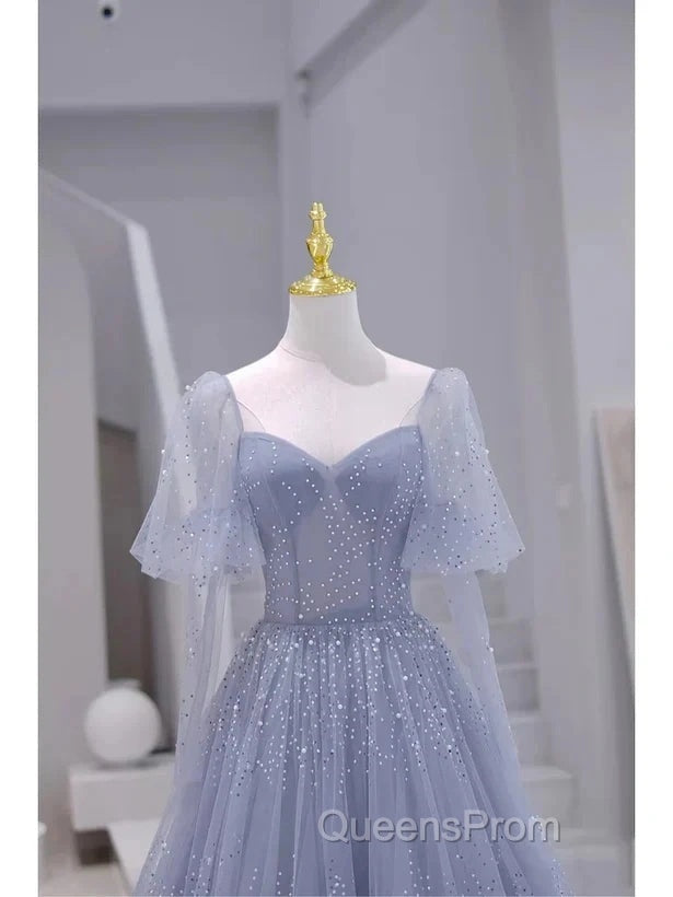 Sparkling Blue Short Sleeves Tulle Long Sweetheart Party Dress A-Line Blue Evening Prom Dress