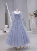 Sparkling Blue Short Sleeves Tulle Long Sweetheart Party Dress A-Line Blue Evening Prom Dress
