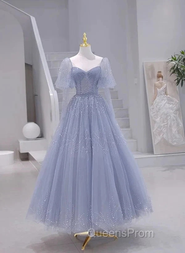 Sparkling Blue Short Sleeves Tulle Long Sweetheart Party Dress A-Line Blue Evening Prom Dress