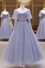 Sparkling Blue Short Sleeves Tulle Long Sweetheart Party Dress A-Line Blue Evening Prom Dress