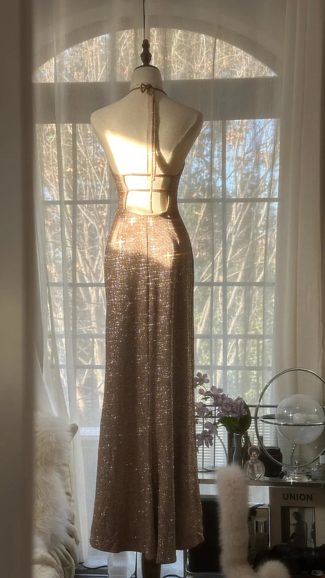 Sparkling Champagne Halter Neck Sequin Mermaid Long Prom Dress Secondary image