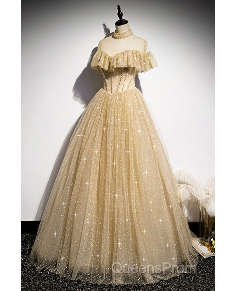 Sparkling Champagne Perspective High Neck Beaded Short Sleeved Ball Dress Champagne A-Line/Princess Sparkling Sheer Backless Strap And Floor Length Ruffled Edge Evening Dress Secondary image