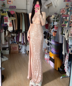Sparkling Champagne Pink Halter Neck High Slit Sequined Long Classy Prom Dress