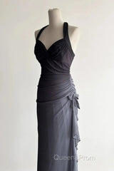 Sparkling Gradient Dark Gray Halter Neck Ruffle Sheath Evening Prom Dress Birthday Dress