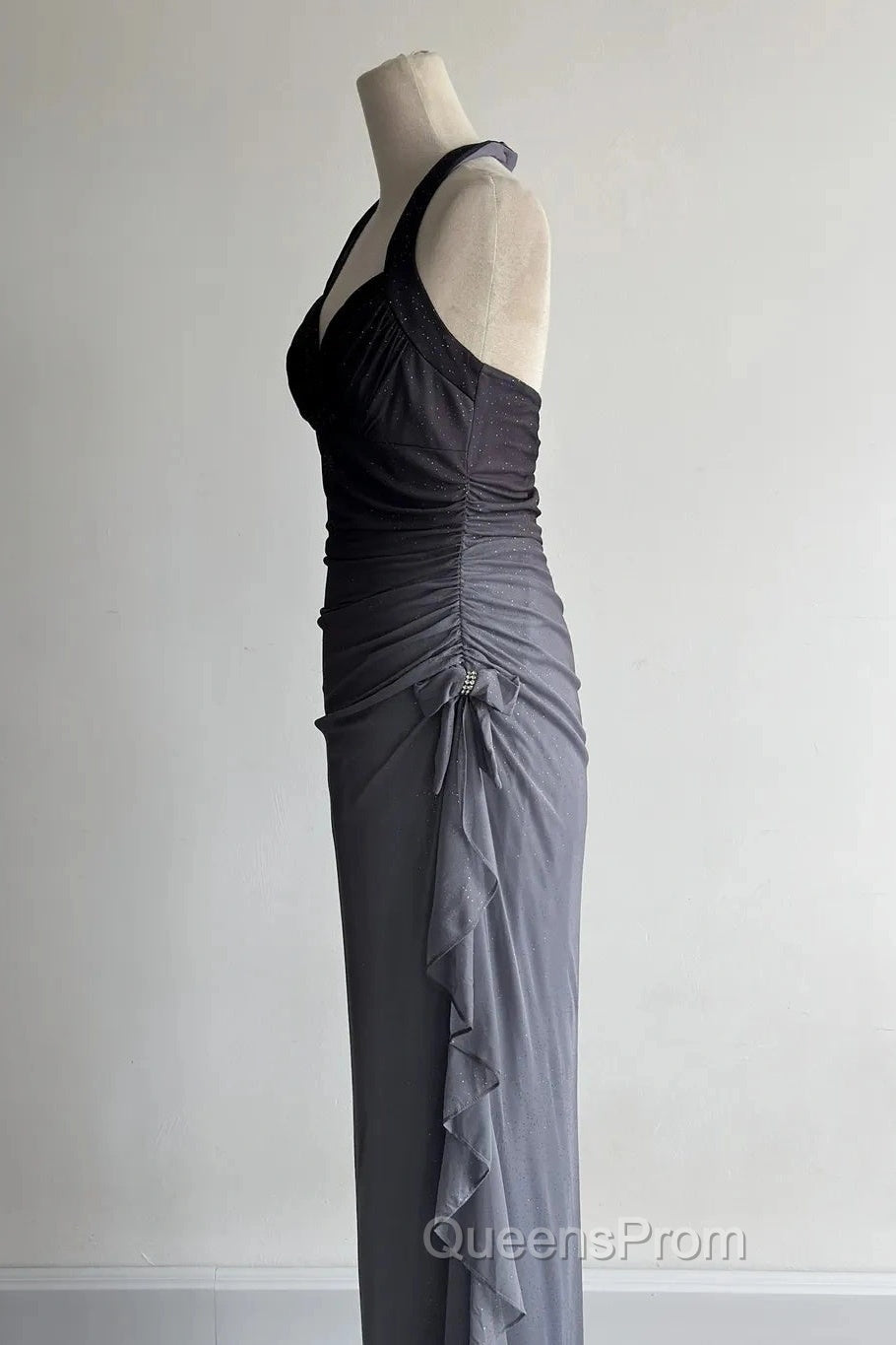 Sparkling Gradient Dark Gray Halter Neck Ruffle Sheath Evening Prom Dress Birthday Dress