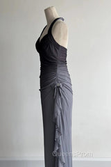 Sparkling Gradient Dark Gray Halter Neck Ruffle Sheath Evening Prom Dress Birthday Dress