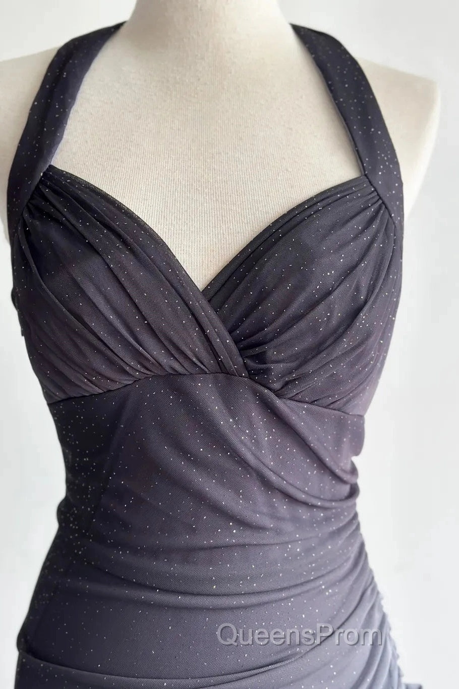 Sparkling Gradient Dark Gray Halter Neck Ruffle Sheath Evening Prom Dress Birthday Dress