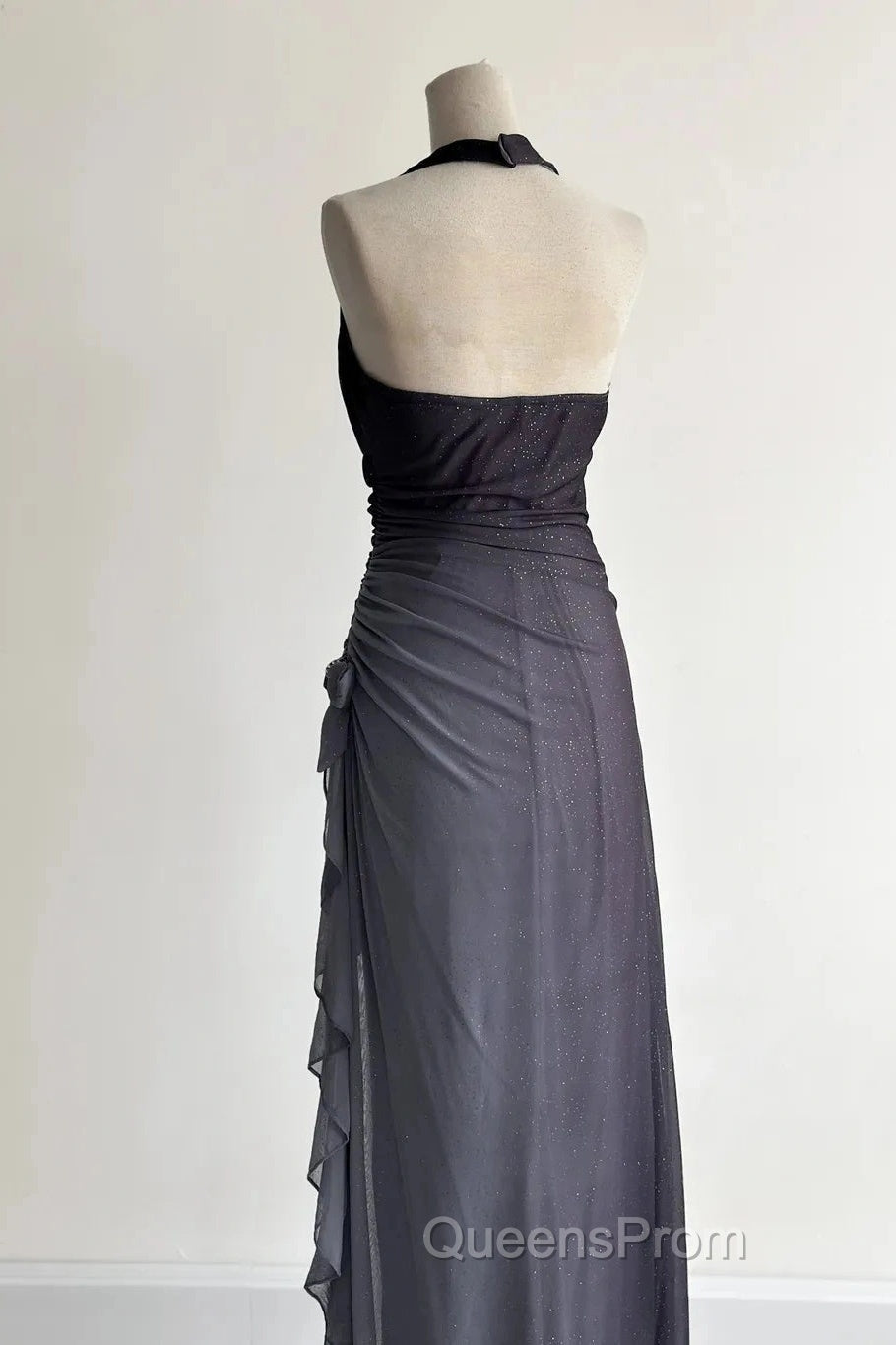 Sparkling Gradient Dark Gray Halter Neck Ruffle Sheath Evening Prom Dress Birthday Dress