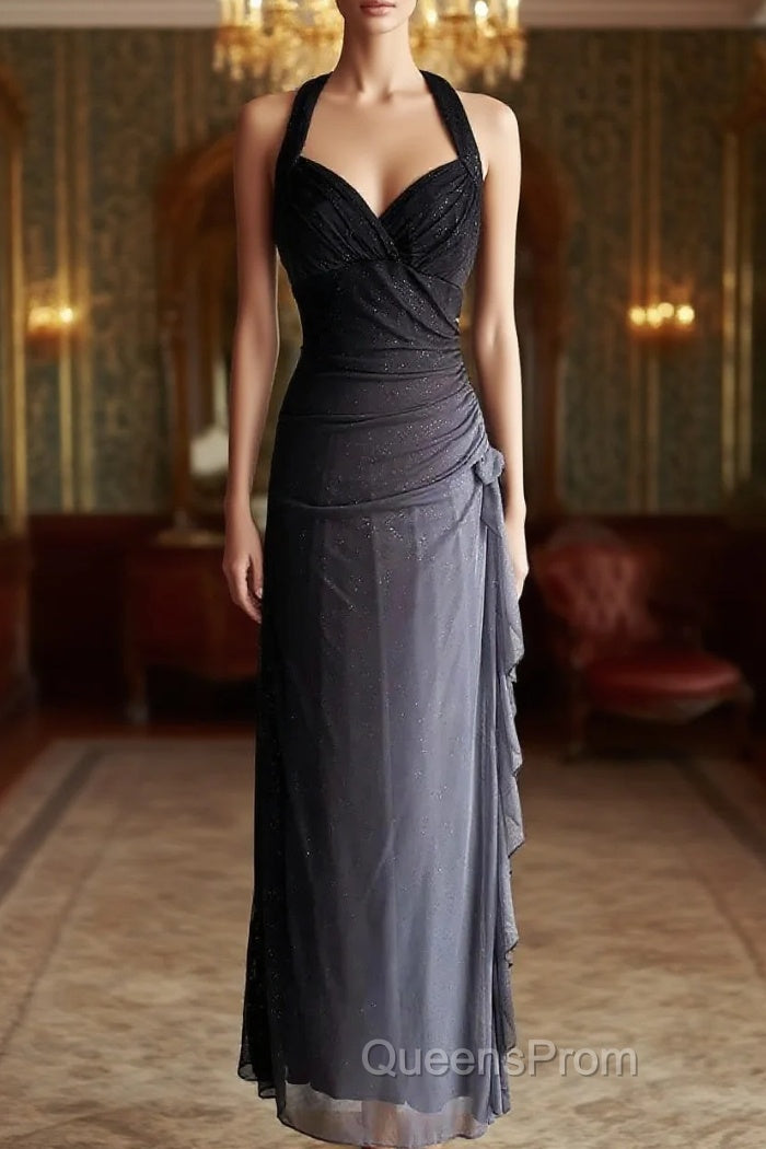 Sparkling Gradient Dark Gray Halter Neck Ruffle Sheath Evening Prom Dress Birthday Dress Main image