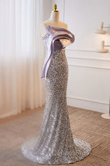 Sparkling Lavender Color Sleeveless Off Shoulder Sequin Evening Dress With Lavender Color Mermaid Backless Strap And Floor Length Evening Dress