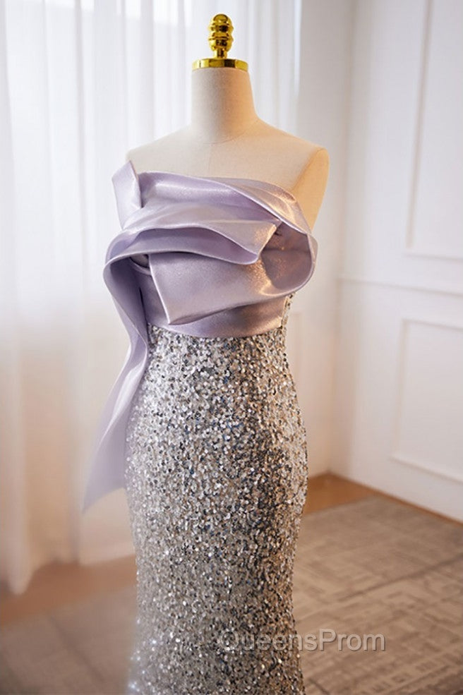 Sparkling Lavender Color Sleeveless Off Shoulder Sequin Evening Dress With Lavender Color Mermaid Backless Strap And Floor Length Evening Dress