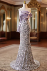 Sparkling Lavender Color Sleeveless Off Shoulder Sequin Evening Dress With Lavender Color Mermaid Backless Strap And Floor Length Evening Dress