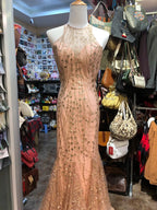 Sparkling Pink Mermaid Halter Neck Crossback Backless Tulle Long Classy Prom Dress