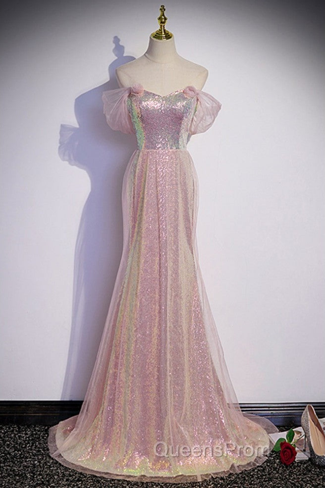 Sparkling Powder Blusher Pink Sequins Off Shoulder Short Sleeve Evening Dress Powder Blusher Pink Trumpet/Mermaid Open Back Zipper Sweep Tail Evening Prom Dress