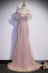 Sparkling Powder Blusher Pink Sequins Off Shoulder Short Sleeve Evening Dress Powder Blusher Pink Trumpet/Mermaid Open Back Zipper Sweep Tail Evening Prom Dress