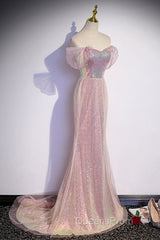 Sparkling Powder Blusher Pink Sequins Off Shoulder Short Sleeve Evening Dress Powder Blusher Pink Trumpet/Mermaid Open Back Zipper Sweep Tail Evening Prom Dress