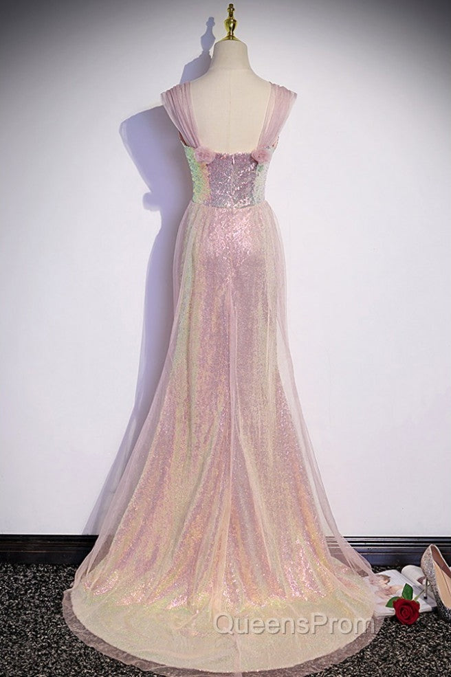 Sparkling Powder Blusher Pink Sequins Off Shoulder Short Sleeve Evening Dress Powder Blusher Pink Trumpet/Mermaid Open Back Zipper Sweep Tail Evening Prom Dress