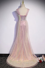 Sparkling Powder Blusher Pink Sequins Off Shoulder Short Sleeve Evening Dress Powder Blusher Pink Trumpet/Mermaid Open Back Zipper Sweep Tail Evening Prom Dress