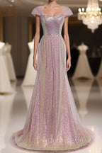 Sparkling Powder Blusher Pink Sequins Off Shoulder Short Sleeve Evening Dress Powder Blusher Pink Trumpet/Mermaid Open Back Zipper Sweep Tail Evening Prom Dress