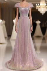 Sparkling Powder Blusher Pink Sequins Off Shoulder Short Sleeve Evening Dress Powder Blusher Pink Trumpet/Mermaid Open Back Zipper Sweep Tail Evening Prom Dress