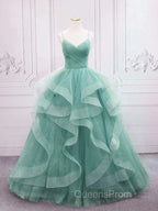 Sparkling Quinceanera Dress V Neck Tulle Long Evening Prom Dress Green Sweet Dress Floor Length