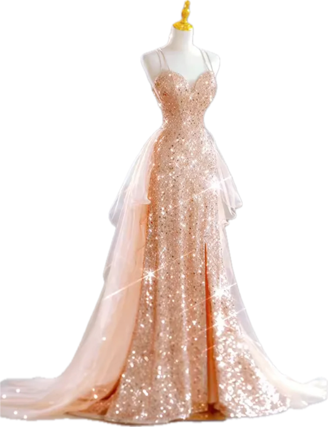 Sparkling Rose Gold Mermaid Slit Train Sequined Classy Prom Dress Secondary image