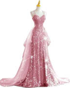 Sparkling Rose Gold Mermaid Slit Train Sequined Classy Prom Dress