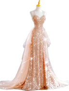 Sparkling Rose Gold Mermaid Slit Train Sequined Classy Prom Dress