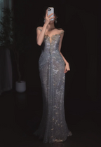 Sparkling Silver-Grey Mermaid Sequined Long Classy Prom Dress