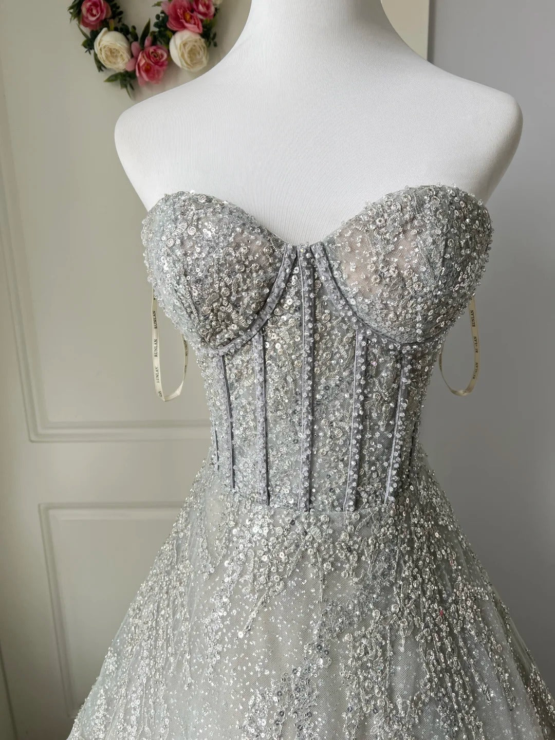 Sparkling Silver-Grey Strapless Sequined Ball Gown Prom Dress