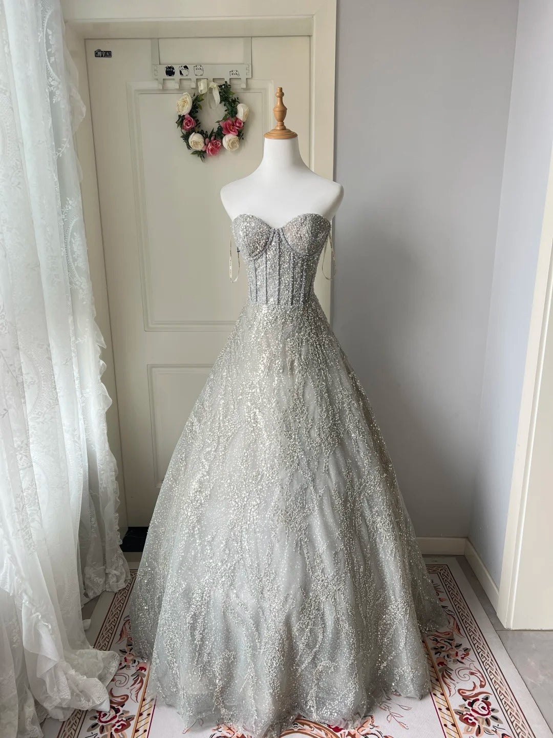 Sparkling Silver-Grey Strapless Sequined Ball Gown Prom Dress