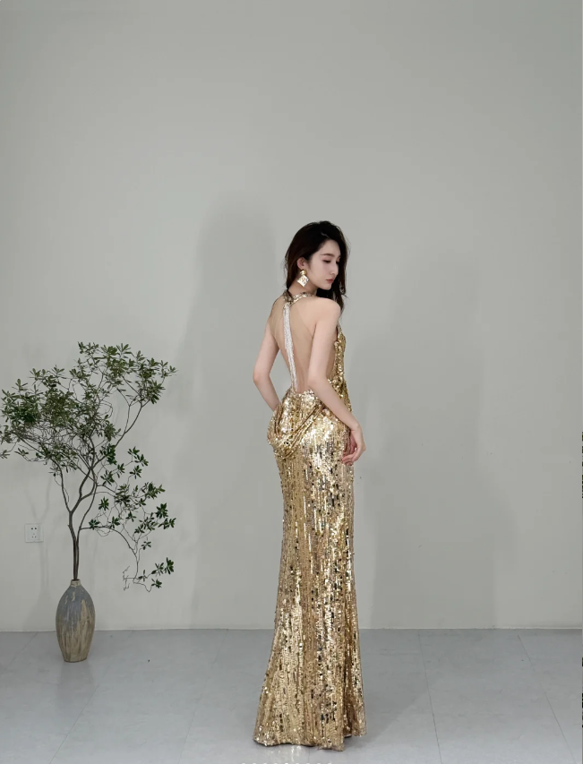 Sparkling Yellow Mermaid Deep V Halter Neck Slit Sequined Long Classy Prom Dress