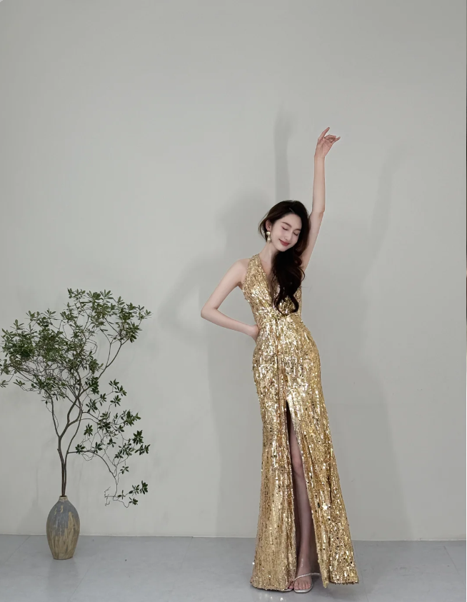 Sparkling Yellow Mermaid Deep V Halter Neck Slit Sequined Long Classy Prom Dress