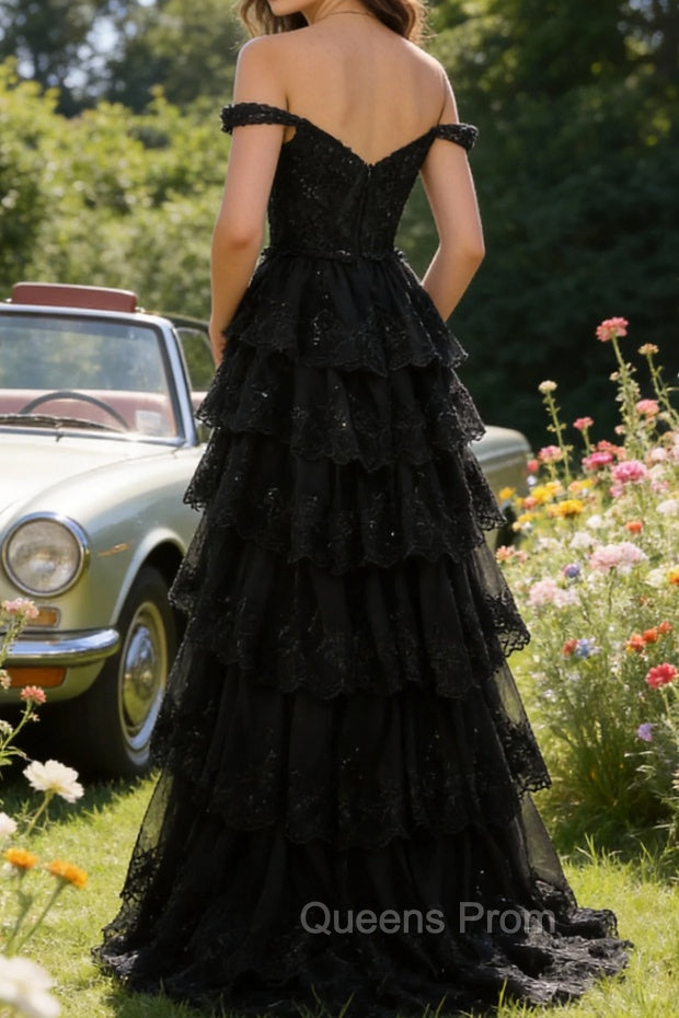Sparkly A Line Black Off The Shoulder Corset Sequin Tiered Prom Dress with Slit
