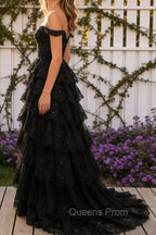 Sparkly A Line Black Off The Shoulder Corset Sequin Tiered Prom Dress with Slit