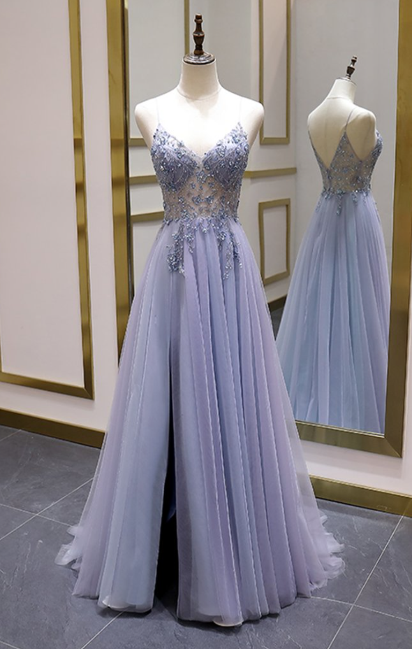 Sparkly A Line Spaghetti Straps Long Classy Prom Dress, Classy Evening Party Dress Main image