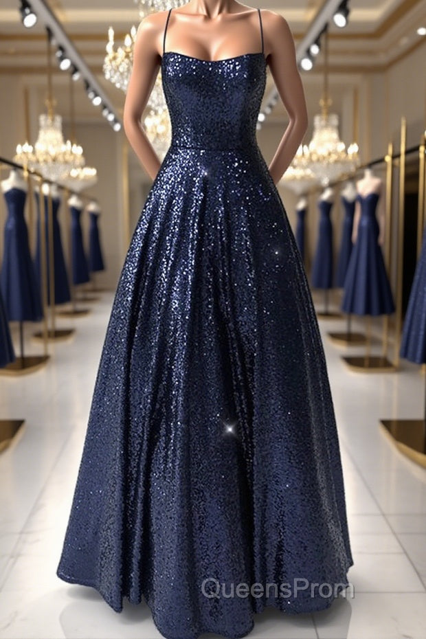 Sparkly Backless Navy Blue Long Evening Prom Dress, Open Back Long Navy Blue Formal Evening Dress Main image