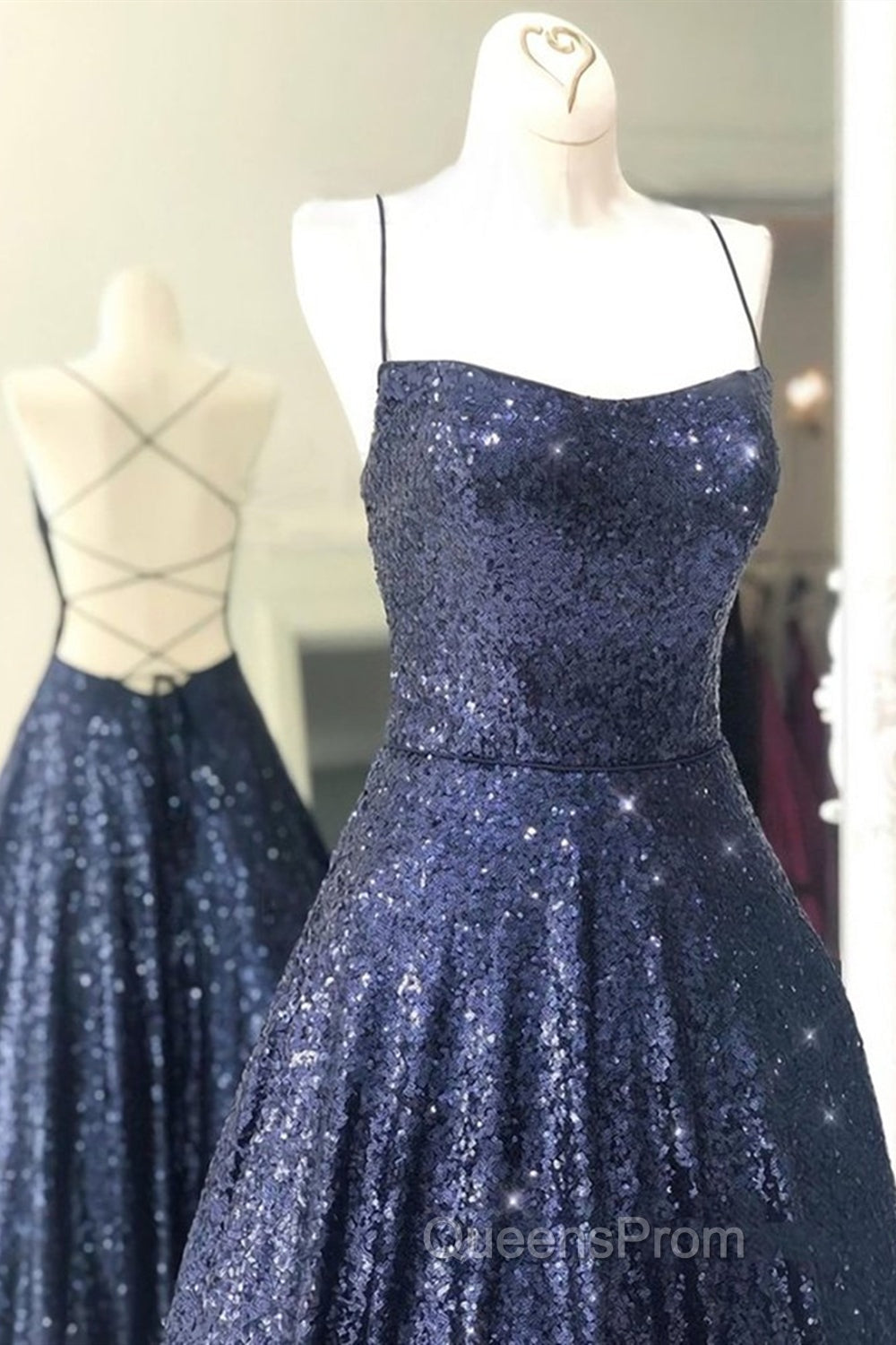 Sparkly Backless Navy Blue Long Evening Prom Dress, Open Back Long Navy Blue Formal Evening Dress Secondary image