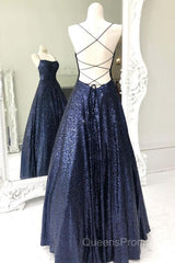Sparkly Backless Navy Blue Long Evening Prom Dress, Open Back Long Navy Blue Formal Evening Dress