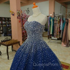Sparkly Beaded Strapless Navy Blue Ball Gown Evening Prom Dress