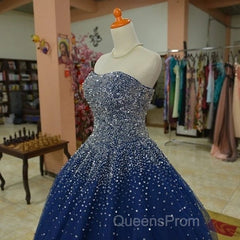 Sparkly Beaded Strapless Navy Blue Ball Gown Evening Prom Dress